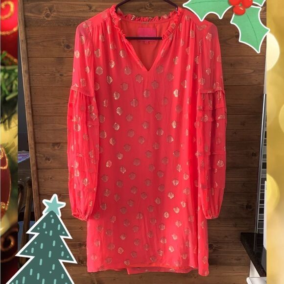 Lilly Pulitzer Giana Silk Blend Dress In Coral Spritz Seagrass Metallic - Picture 1 of 5